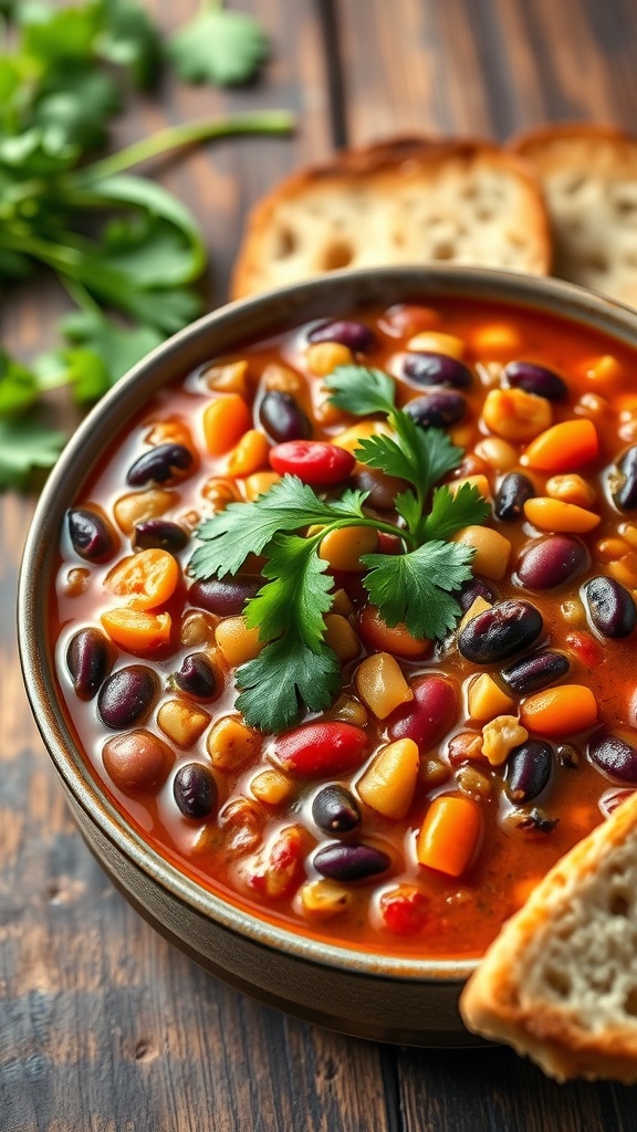 A hearty bowl of vegan chili with beans and lentils garnished with cilantro, served with bread on a rustic table.